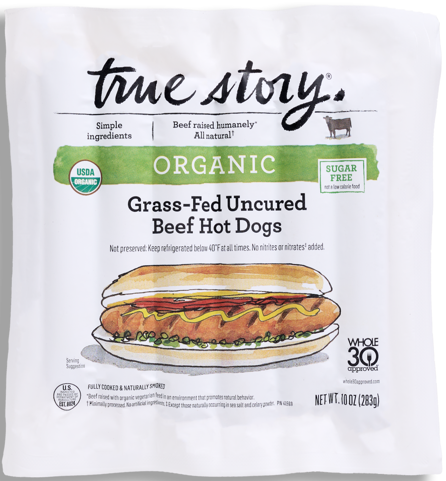 Organic Grass-Fed Uncured Beef Hot Dogs Product Packaging
