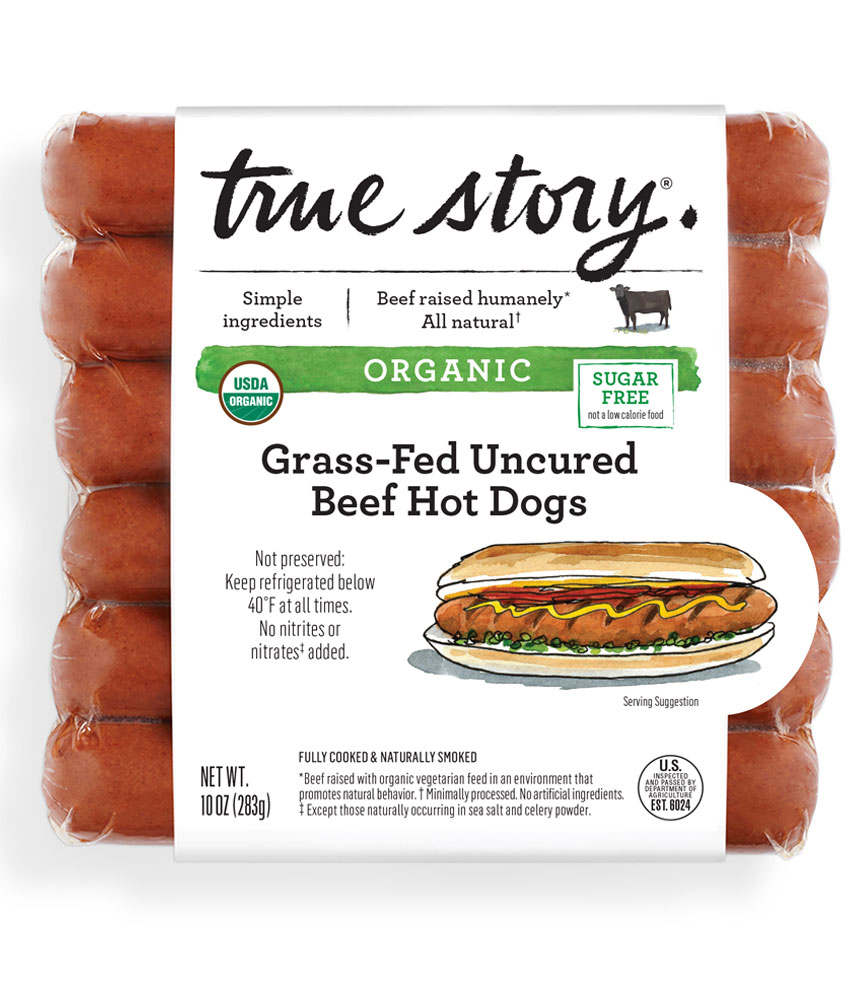 Organic Grass-Fed Uncured Beef Hot Dogs Product Packaging