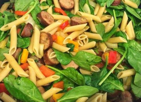 Kitchen Sink Pasta with Sausage, Spinach and Bell Peppers