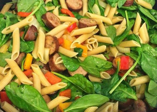Kitchen Sink Pasta with Sausage, Spinach and Bell Peppers