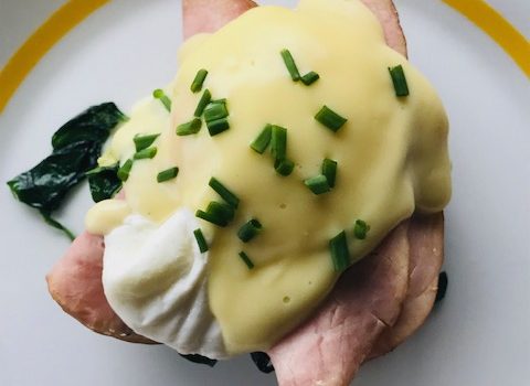 Eggs Benedict with Ham, Spinach, and Avocado