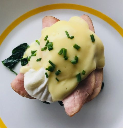 Eggs Benedict with Ham, Spinach, and Avocado