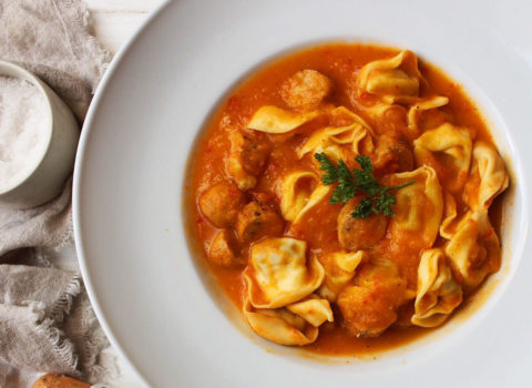 Butternut Squash Soup with Sausage and Tortellini