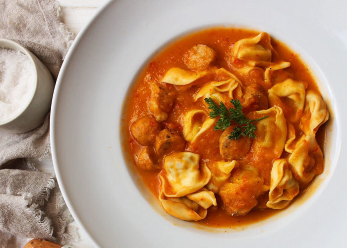 Butternut Squash Soup with Sausage and Tortellini