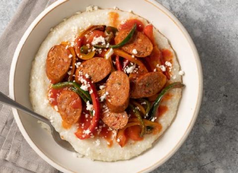 Creamy Polenta with Kurobuta Sausage and Sautéed Bell Peppers