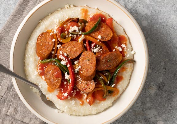 Creamy Polenta with Kurobuta Sausage and Sautéed Bell Peppers