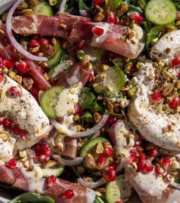 Prosciutto Salad w arugula, pistachios, and burratta cheese