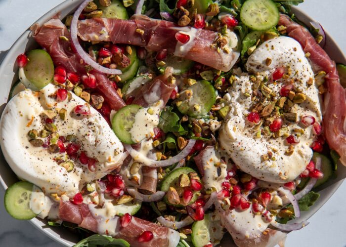 Prosciutto Burrata Salad with Pomegranate and Pistachio