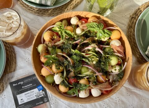 Prosciutto Melon Salad with Basil Cider Vinaigrette